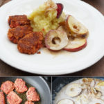 Stampfkartoffeln mit Dinkel-Rote-Bete-Küchlein und Apfel-Zwiebel-Ringen