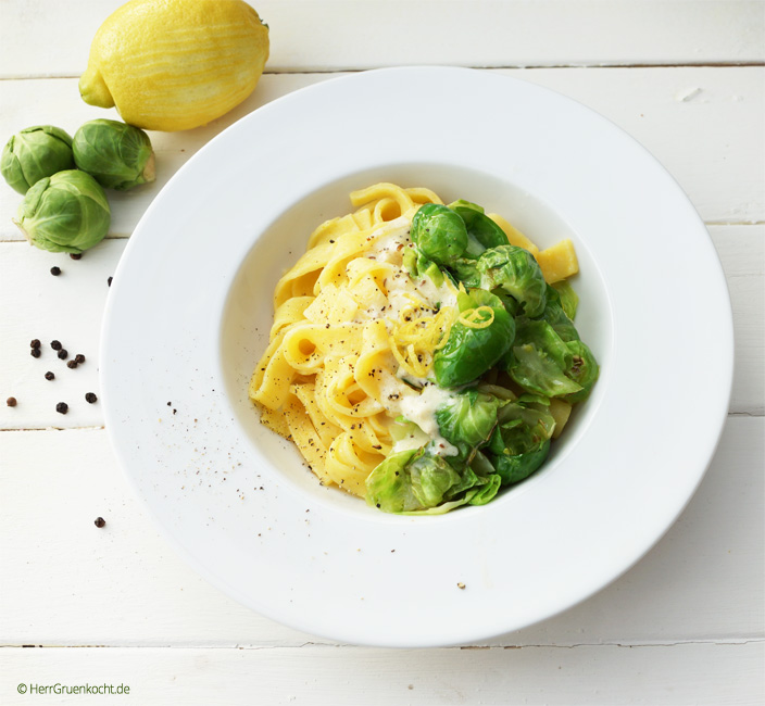 Homemade tagliatelle with steamed Brussels sprouts leaves and a lemon and cumin sauce