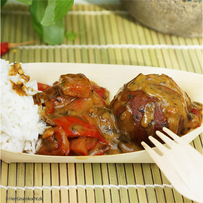 Lentil Banana Balls with Spicy Peanut Pepper Sauce and Rice