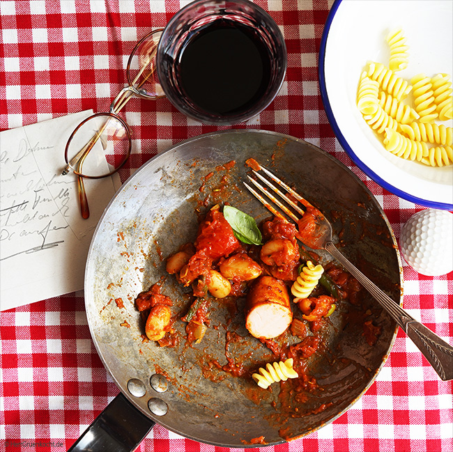 Italienisches Bohnengemüse mit gebratenem die OHNE vegetarischem KRANZL und Fusilli