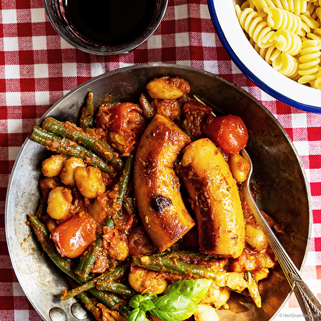 Italienisches Bohnengemüse mit gebratenem die OHNE vegetarischem KRANZL und Fusilli