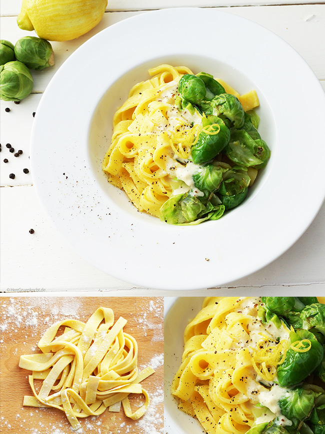 Selbst gemachte Tagliatelle mit gedünsteten Rosenkohlblättern und einer Zitronen-Kümmel-Sauce